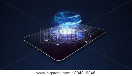 Designing A Car On A Tablet. Hologram Of The Car Of The Future In Style Hud Ui Gui. Abstract Virtual