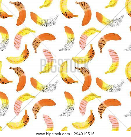 Fun Bananas Print In Memphis, Pop Art Style Interpretation. Trendy Seamless Pattern Of Tropical Frui