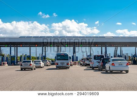 Portmore, Jamaica - March 19 2019: Lanes Of Cars In Traffic At The Portmore Toll Plaza On The Causew