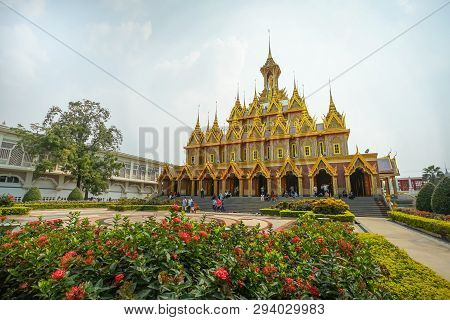 Uthai Thani, Thailand - January 12, 2019: The Famous Gold Church Temple Wat Thasung In Uthai Thani, 