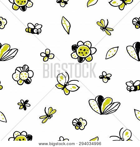 Vector Floral Seamless Pattern In Doodle Style. Seamless Pattern With Cute Insects And Flowers On A 