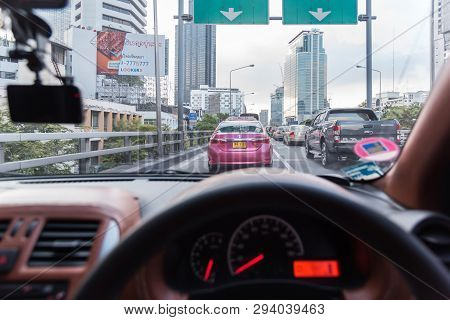 Cars On Busy Road In The City With Traffic Jam