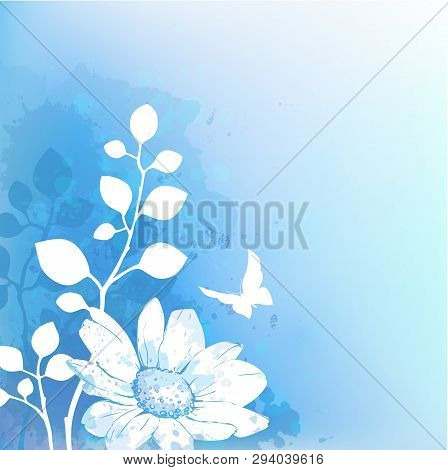 Watercolor Abstract Blue Background With Floral Motifs. Free Place For Your Text. Vector Nature Illu