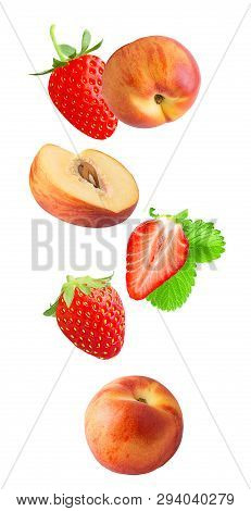 Falling Fresh Berriy And Peaches Isolated On White Background