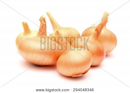 Sone Yellow Onions On White Background. Close Up