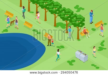 People Relaxing And Running In The Park Isometric Vector Background. Isometric Park With People Do F