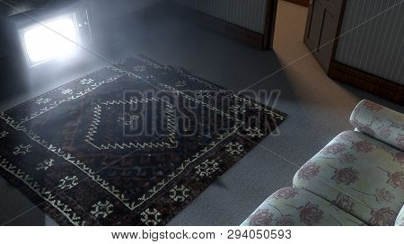 An Old Dark Room Clad In Wallpaper And A Switched On Vintage Television Illuminating A Solitary Old