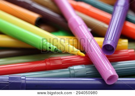 Heap Of Colored Felt Tip Pens. Close-up.