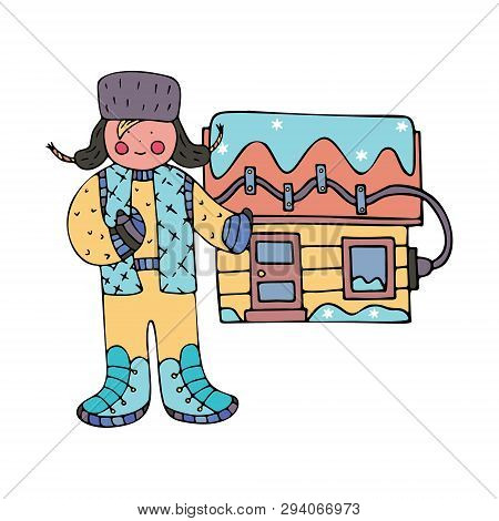 A Man Near The House With Electrical Roof De-icing. Fine For Ice And Snow Removal Services Promotion