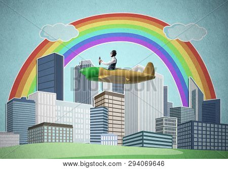 Businessman Flying In Small Propeller Plane Above Metropolis. Aviator Driving Retro Airplane On Back
