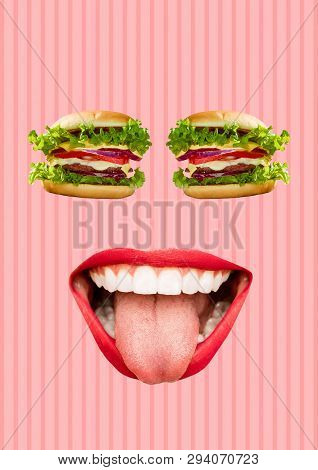 Happy Being Well Fed Or Full. Face With Burgers Or Sandwich As An Eyes And Mouth With Red Lips And W