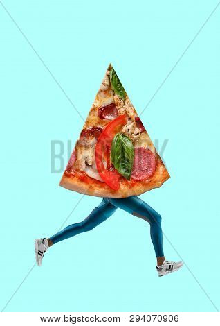 Run For Burning. Legs Running And Pizzas Slice As A Body Of Human. Negative Space To Insert Your Tex