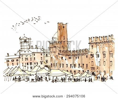 Ink And Watercolor Illustration Of A Market Day In Piazza Sordello In Mantua. Manova In Italian. Bri