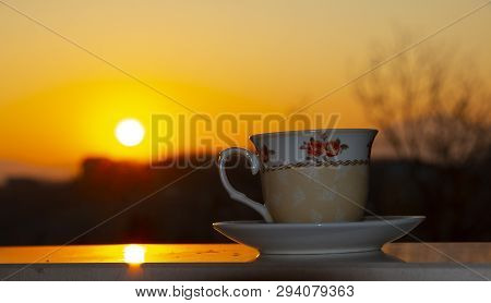 Silhouettes Of Sunrise Morning Coffee, Close Up Hot Coffee