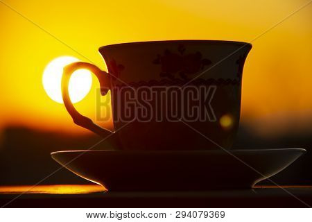 Silhouettes Of Sunrise Morning Coffee, Close Up Hot Coffee