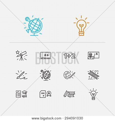 Elearning Icons Set. Genetics And Elearning Icons With School Transcript, Books And Paintbrush. Set 