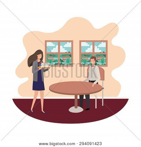 Couple Business In The Room With View The Landscape Vector Illustration Desing