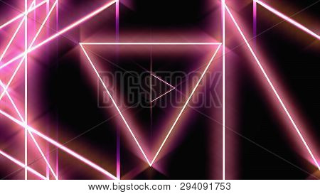 Flying Through Glowing Rotating Neon Triangles In A Tunnel, Red Pink Violet Spectrum, Seamless Loop.