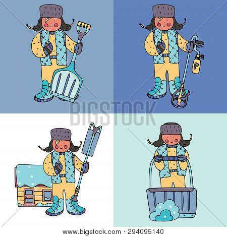Figures Of Men With Shovels, Roof Rake And De-icing Torch. Fine For Ice And Snow Removal Services Pr