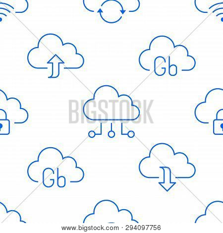 Cloud Data Storage Seamless Pattern With Line Icons. Database Background, Information Server Center,