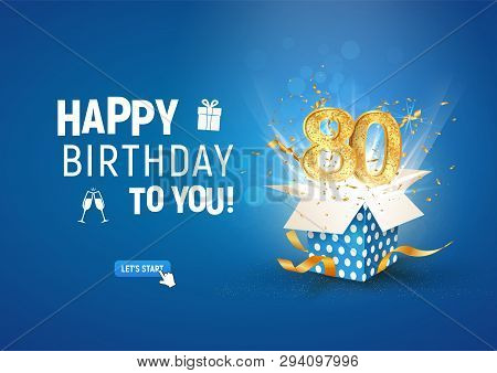 80 Th Years Anniversary Banner With Open Burst Gift Box. Template Eightieth Birthday Celebration And