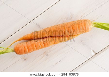 Group Of Two Whole Fresh Orange Carrot With Greens Flatlay On White Wood