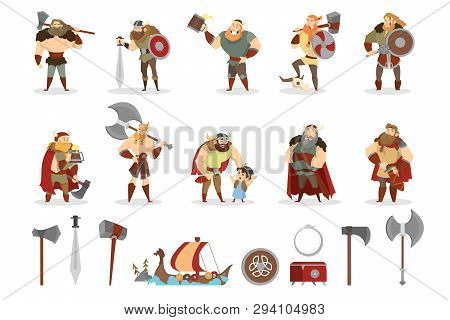 Viking Set. Collection Of Warrior With Weapon
