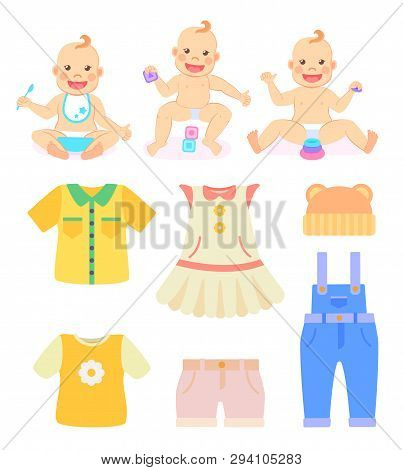 Children And Clothes Vector, Baby Holding Spoon And Eating, Kid Playing With Cubes. Dress For Girl A
