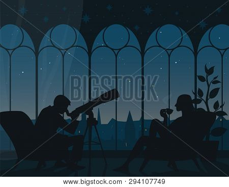 Watching Stars At Home. Vector Illustration Of Interior Of Room With Two Armchairs, Man Looking Thro