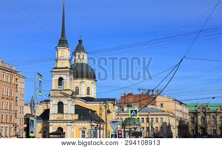 St. Petersburg Cityscape Architecture With Old Historic Houses And Church Of Holy Righteous Simeon A