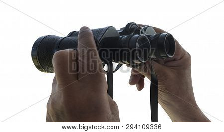 Male Hands Holding Bilocles Isolated On White Background