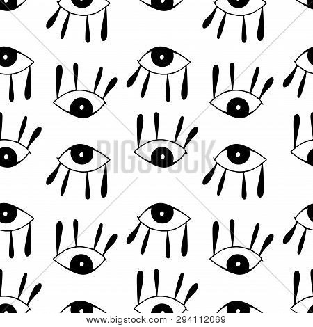 Seamless Pattern With  Cute Cartoon Eyes In Abstract Style. Black Graphic Drawnig Of Eyeballs With E