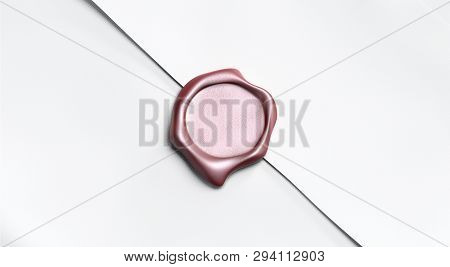 Blank Red Wax Stamp On Paper Envelope Mockup, Top View, Depth Of Field, 3d Rendering. Empty Antique 