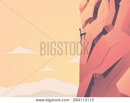 Woman Climbing Cliff Rock Face On Mountain In Sunset Vector Concept. Symbol Of Girl Power, Strength,