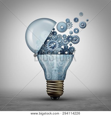 Creative Technology Concept And Communication Ideas As An Open Door Light Bulb Tranfering Gears And 