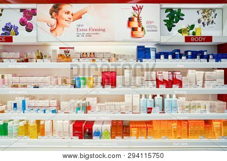 ZURICH, SWITZERLAND - CIRCA OCTOBER, 2018: Clarins cosmetics on display in Zurich International Airport.