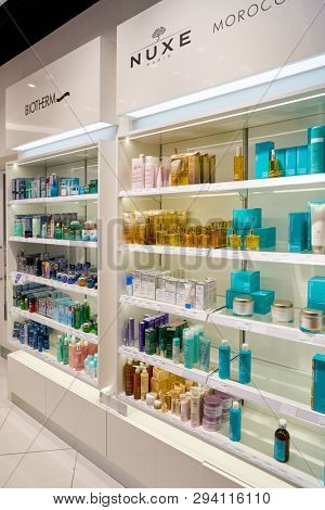 ZURICH, SWITZERLAND - CIRCA OCTOBER, 2018: cosmetics on display in Zurich International Airport.