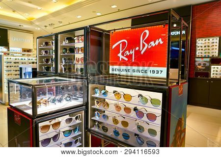 ZURICH, SWITZERLAND - CIRCA OCTOBER, 2018: Ray-Ban glasses on display at a shop in Zurich International Airport.