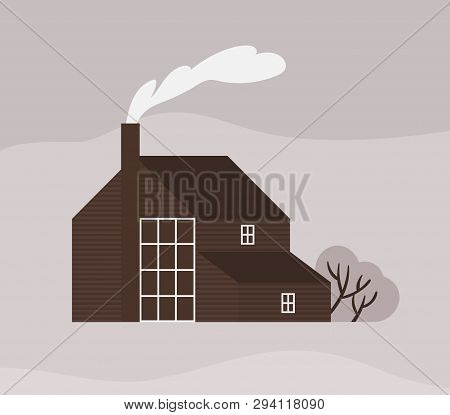 Facade Of Town House Or Cottage In Scandic Style. Wooden Scandinavian Building With Fence. Modern Su