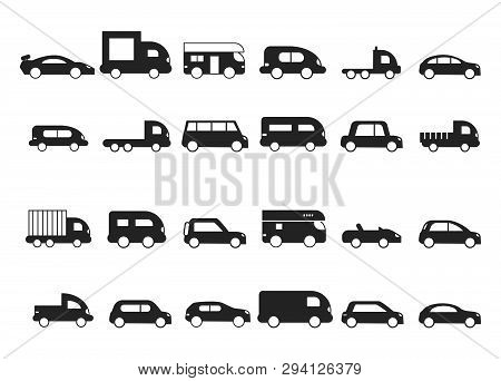 Car Icons. Pictograms Of Black Transport Truck Suv Minivan Vector Silhouettes Isolated. Hatchback Ca