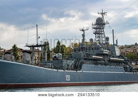 Sevastopol, Crimea - September 2014: Moored Ships In The Sevastopol Bay. The Large Amphibious Ship 
