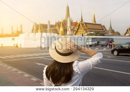 Tourist Is Enjoy Watching The View Of Bangkok Wat Phra Keaw And Grand Palace Landmark Of Bangkok.