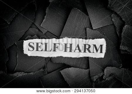 Self Harm. Torn Pieces Of Black Paper And Words Self Harm. Concept Image. Black And White. Closeup.