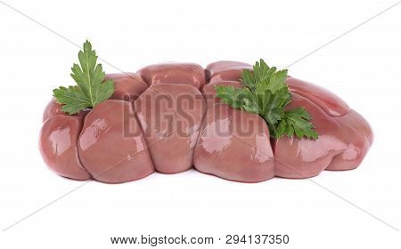 Beef Kidney Raw Isolated On White Background. Close Up. Cow Kidney Isolated With Parsley Leaves.