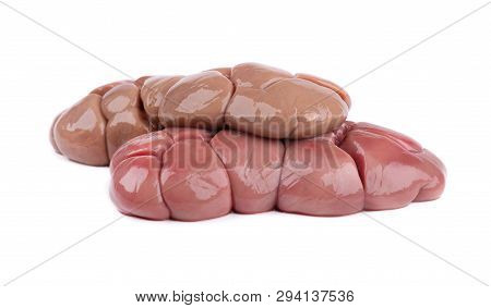 Beef Kidney Raw Isolated On White Background. Close Up. Cow Kidney Isolated.