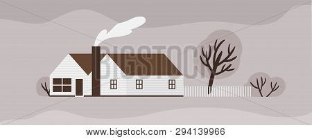 Facade Of Town House Or Cottage In Scandic Style. Wooden Scandinavian Building With Fence. Modern Su