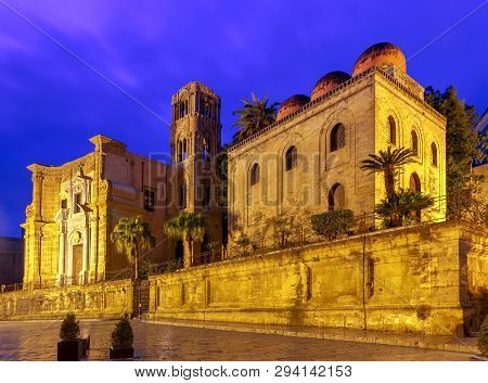 Old Medieval Church Martorana In Night Lighting. Palermo. Sicily. Italy