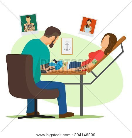 Tattoo Studio Vector Illustration. Tattooist Artist Paint Woman Body With Tattooing Machine Flat Vec