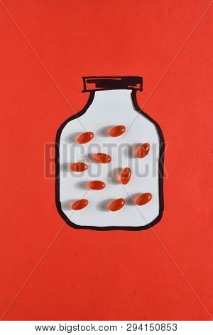 A Drawn Canister With Gelatin Pills On Red