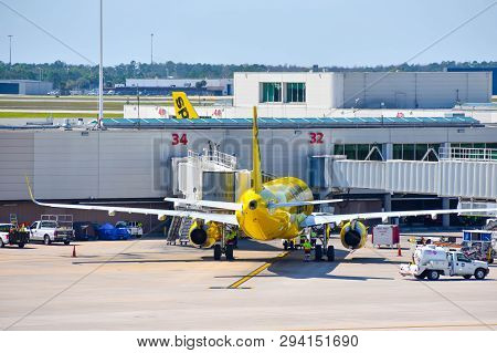 Orlando, Florida.  March 01, 2019. View Of Airplane From Spirit Airlines (nk)  At The Gate In Orland
